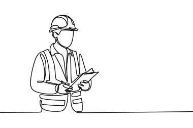 Minimalist bir çizim, çelik yelek ve şapka giyen bir inşaat işçisini gösteriyor. İşçi bir pano tutuyor ve üzerine bir kalemle yazıyor. Tüm resim beyaz arkaplan üzerinde tek bir sürekli siyah çizgi ile oluşturulur, yüksek