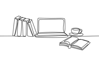 Minimalist sürekli bir çizgi, solunda beş kitaplık bir yığın, ortasında bir dizüstü bilgisayar ve sağında bir kahve fincanı ve bir fincan tabağı bulunan bir masa düzenini tasvir eder. Dizüstü bilgisayarın önünde açık bir kitap yatıyor. Tüm tasvirler bir günah olarak sunuluyor.