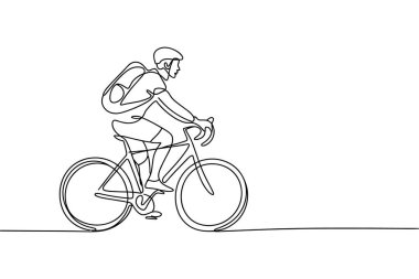 Minimalist bir çizim profil üzerinde kask ve sırt çantası takan bisiklet pedallayan bir bisikletçiyi resmediyor. Temiz çizgiler, düz beyaz bir arka plan üzerine kurulmuş sürücünün ve motorun hareketini ve biçimini vurgular..