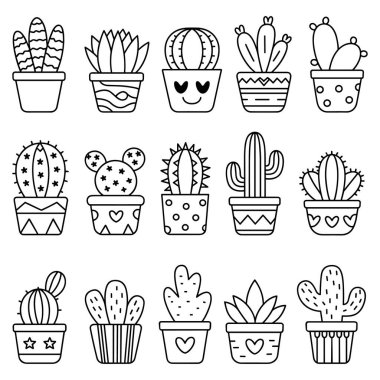 15 saksı kaktüsü ve leziz bir koleksiyon basit, şirin bir sanat tarzıyla çizilmiş. Her bitki farklı bir dekoratif kapta, bazılarının desenleri ve kalp şekilleri var. Bitkiler, klasik kaktüs formları ve rosette de dahil olmak üzere şekil ve boyut olarak farklılık gösterirler.