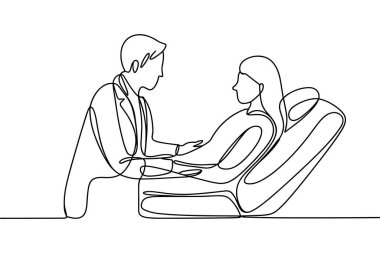 Sürekli tek bir çizgi bir doktor ve bir hastanın bu çizimini oluşturur. Takım elbise giymiş ve kravat takmış olan doktor, tıbbi sandalyeye yaslanmış hastaya doğru eğiliyor. Hasta doktora bakıyor, bir konuşma yapıyor ya da...