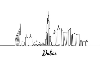 Dubai siluetinin minimalist sürekli çizimi. İkonik gökdelenler ve binalar tek bir siyah çizgide bembeyaz bir zemin üzerinde tasvir edilir. 