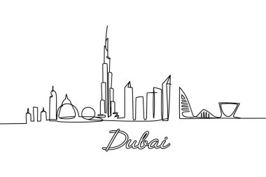Dubai siluetini gösteren kesintisiz bir çizgi. Ünlü mimari yapılar ve gökdelenler beyaz bir zemin üzerinde tek bir siyah çizgi ile temsil edilir. Şehrin adı, 