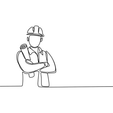 Tek bir çizimde bir kişi görülüyor, muhtemelen mühendis ya da mimar, sabit bir şapka takıyor ve elinde bir tomar plan tutuyor. Bu figür göğüsten yukarıya doğru, kolları çaprazlanmış bir şekilde çizilmiş, yuvarlanmış planları beşikte sunuluyor. Tarzı temiz ve... 