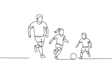 Bir baba, kız ve oğul, aktif olarak futbol oynayan sürekli bir çizgi çizerek tasvir edilir. Aile fertleri ayaklarının altında top ile hareketli bir şekilde gösteriliyorlar, neşeli ve enerjik bir spor ve dinlenme anı öneriyorlar. Minimalist stil.