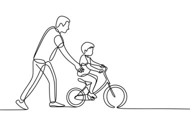 Bir minimalist çizgi, genç oğluna bisiklet sürmeyi öğreten bir babayı resmediyor. Baba bisikletin yanında yürürken gösteriliyor, bir eli çocuğu nazikçe destekliyor ve diğeri de gidonun üzerinde. Oğlu bisiklete binmiş bakıyor. 