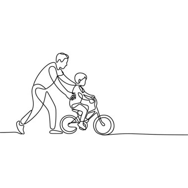 Bir minimalist çizgi, genç oğluna bisiklet sürmeyi öğreten bir babayı resmediyor. Baba bisikletin yanında yürürken gösteriliyor, bir eli çocuğu nazikçe destekliyor ve diğeri de gidonun üzerinde. Oğlu bisiklete binmiş bakıyor. 
