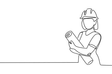 Dar bir şapka takan ve elinde yuvarlak planlar tutan bir kadın mimarın minimalist çizgisi çizimi. Profilde tasvir edilen figür, profesyonel rolü vurgulayarak, temiz çizgiler ve yüz hatları olmadan resmediliyor. İllüstrasyon karşıt 