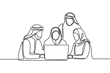 Bir minimalist sürekli çizgi, bir dizüstü bilgisayarın etrafında toplanmış geleneksel Ortadoğu kıyafeti içindeki dört kişiyi resmediyor. İki erkek erik ve keffiyehs giyer, iki kadın da başörtüsü ve sade kıyafetler giyer. Bir işbirlikçi gibi görünüyorlar.