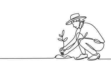 Tek bir çizim, şapkalı bir kişinin yapraklı küçük bir tohumu dikmek için çömeldiğini gösteriyor. Bu figür, bitkiyi dikkatlice toprağa yerleştirirken profilden resmediliyor. Eserler beyaz bir b üzerinde sürekli siyah bir çizgi ile oluşturulur.