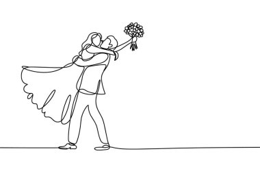 Romantik bir çizim, gelini neşeyle kaldıran bir damadı yakalar. Gelin bir buket çiçek tutuyor. Akan çizgiler, klasik bir düğün anını tasvir eden hareket ve duyguyu akla getiriyor. Minimalist stil bağlantıyı vurgular