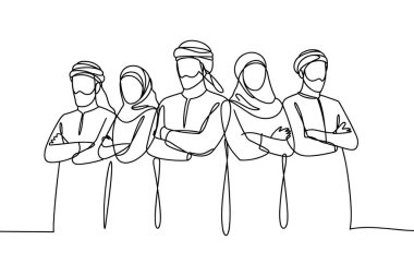 Geleneksel Arap kıyafetleri giymiş, muhtemelen erkek ve kadınlardan oluşan beş kişilik bir grubu resmeden minimalist bir çizim. Beyaz arka planda sürekli çizim tarzında çizilen figürler, kolları çapraz olarak göğüsten yukarıya doğru gösterilir.