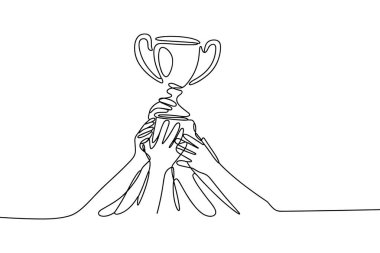 Minimalist bir illüstrasyon tek bir siyah çizgide uygulanır. Birden fazla elin bir kupayı tutarak uzandığını gösteriyor. Eserde birlik ve ortak başarı vurgulanırken, eller ve kupa birleşik, akışkan bir komposto oluşturuyor.