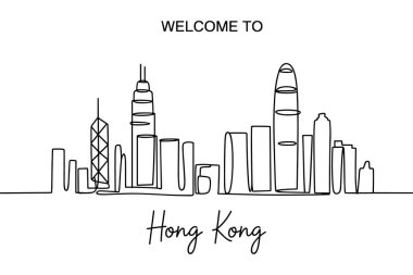 Hong Kong ufuk çizgisinin minimalist sürekli çizimi. Ayırt edici gökdelenler ve binalar beyaz arka planda tek bir siyah çizgi şeklinde oluşturulmuştur. 