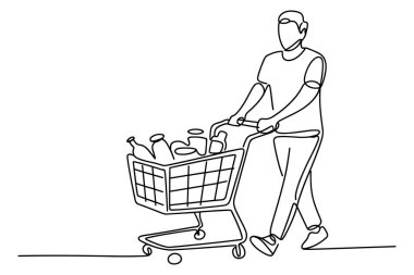 Minimalist, kesintisiz bir çizim, bir adamın market eşyalarıyla dolu bir alışveriş arabasını ittiğini gösteriyor. Adam ve araba beyaz bir arka planda tek bir siyah çizgi ile tasvir edilir. Görüntü, günlük ortak bir aktiviteyi yakalar: 