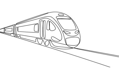 Minimalist, tek çizgili bir çizim, hareket halindeki modern bir hızlı treni tasvir ediyor. Tren dörtte üçlük bir perspektiften gösteriliyor, parlak aerodinamik tasarımı açıkça özetleniyor. Aralıksız siyah çizgi beyaz arkaplan boyunca akar.