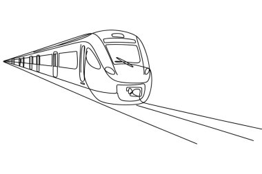 Modern bir tren, paralel raylar boyunca ilerlerken önden bakıldığında kesintisiz bir çizgi çizerek tasvir edilir. Trenin parlak, aerodinamik bir tasarımı var görünür pencereleri ve farları var. Sanat eserleri beyaz bir sırtında tek bir siyah çizgi kullanıyor.