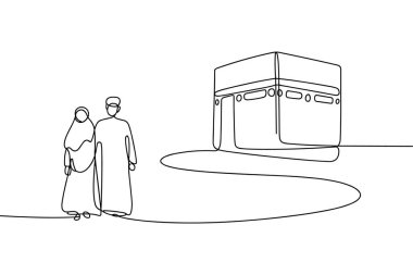 Minimalist bir çizim, geleneksel giyinmiş ve beyaz arka planda duran Müslüman bir çifti resmediyor. Sağlarında, İslam 'ın en kutsal yeri olan Kabe de tek bir aralıksız sırada yer alır. Çifti birbirine bağlayan dolambaçlı bir yol