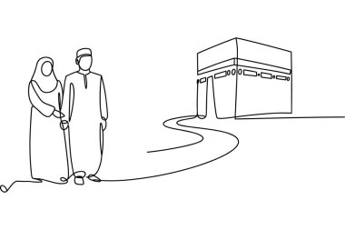 Bu, geleneksel giyinmiş Müslüman bir çiftin beyaz arka planda durduğu minimalist bir çizim. Onların yanında, İslam 'ın en kutsal yeri olan Kabe' nin tasviri de yer almakta ve sürekli tek bir çizgi çizilmektedir. Kavisli bir yol. 