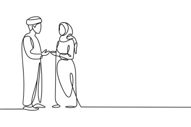 Minimalist bir sanat çizgisi, Müslüman bir erkek ve kadının yüz yüze durduğunu gösteriyor. Erkek bir kufi şapkası ve geleneksel bir kıyafet giyer, kadın ise başörtüsü ve dalgalı bir elbise giyer. Elleri birbirine kenetlenmiş, bu da bir conne olduğunu gösteriyor.