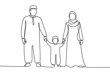 Tek bir çizimde, hepsi el ele tutuşan bir baba, anne ve çocuktan oluşan Müslüman bir aile resmediliyor. Baba geleneksel bir başlık takıyor ve anne tesettüre girip uzun bir elbise giyiyor. Çocuk da onların arasında duruyor.