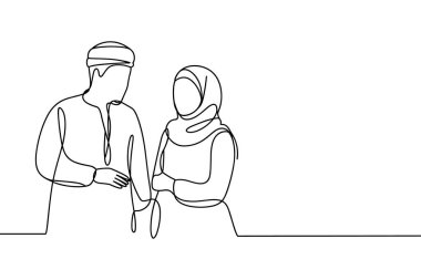 Bu çizgi çizimi, Müslüman bir erkek ve kadının yakın çekim görüntüsünü içeriyor. Kufi takan adam ve tesettürlü kadın yan yana, birbirlerine doğru bakıyorlar. Erkeğin eli hafifçe kadının koluna konur. 