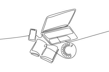 Devamlı bir çizgi dizüstü bilgisayar, akıllı telefon ve biraz gelişmiş bir perspektiften açık bir kitap sunar. Beyaz arkaplandaki basit siyah çizgi sanatı dijital cihazlar ve geleneksel öğrenme arasında bir bağlantı hissi uyandırır.