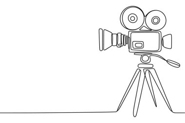 Tek bir çizim, tripoda monte edilmiş klasik bir film kamerasını gösteriyor. Kamera iki göze çarpan lens ve bir sapı içeriyor. Tüm görüntü, beyaz arkaplana karşı sürekli siyah bir çizgi oluşturarak bir minimalist ve ikoniyi oluşturur.