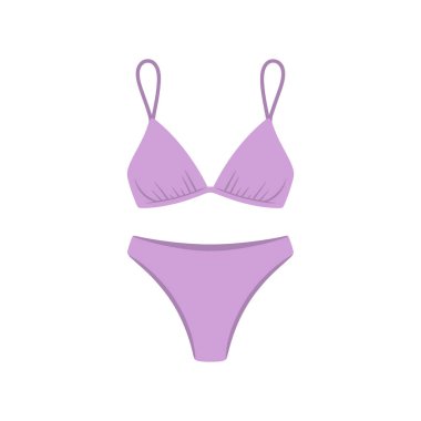 Yumuşak mor renkte iki parçalı bikini setinin düz bir çizimi. Set, ince kayışlı ve bikinili üçgen tarzı bir bikini bluzu içeriyor. Giysiler düz beyaz bir arkaplan üzerinde düzgünce sunulur,