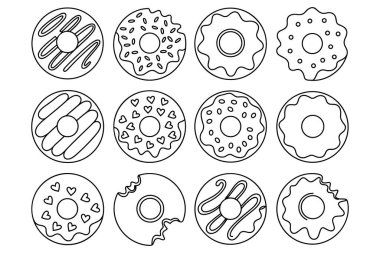 Beyaz arka planda on iki ana hatlı çörek koleksiyonu. Her çöreğin kendine has bir tasarımı var. Farklı şekillerde krema, serpiştirme ve desenleri var. Bazı çöreklerin ısırık ucu vardır, biraz gerçekçilik katar. Çizgi sanatı tarzı...