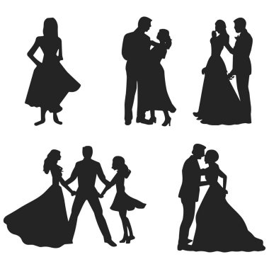 Çeşitli romantik pozlarda altı siyah siluet koleksiyonu. Çiftler dans ederken, kucaklaşırken, el ele tutuşurken, aşk ve ortaklık temalarını öne sürerler. Şekiller zarif giyinmiş, kadınlar akıcı elbiseler ve... 