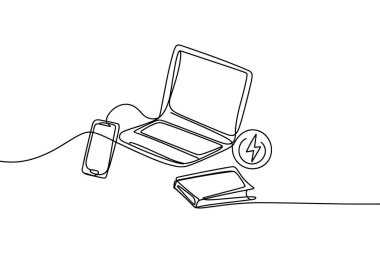Bu resim bir dizüstü bilgisayar, bir akıllı telefon ve bir kitabın yer aldığı kesintisiz bir çizgi. Elektrik veya şarjı temsil eden dairesel bir sembol de resmedildi. Sanat eserleri beyaz arka planda tek bir siyah çizgi kullanır.