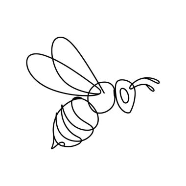 Arının minimalist bir illüstrasyonu. Tek bir siyah çizgi halinde yapılmış. Arı profilden tasvir edilir, kanatları açılır ve gövdesi parçalara ayrılır. Sanat eserleri temiz ve basittir. Arı beyaz bir arkaplanda izole edilmiştir.