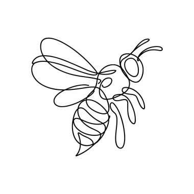 Uçan bir arının minimalist sanat çizgisi çizimi. Çizim beyaz zemin üzerinde tek bir sürekli siyah çizgi ile yaratılır. Arının gövdesi, kanatları, antenleri ve bacakları stilize edilmiş, soyut bir şekilde tasvir edilir..