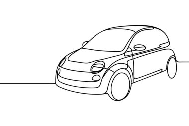 Beyaz arka planda minimalist, tek çizgili bir araba çizimi. Çizim, temiz ve sürekli çizgileri olan modern, küçük bir otomobilin temel şeklini yakalıyor. Araba ön cepheden 3 / 4 'lük bir açıyla tasvir ediliyor, hat genişliyor.