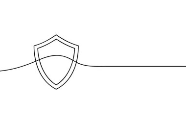 Beyaz arka planda bir kalkanın minimalist tek çizgi çizimi. Kalkan, basit ama tanınabilir bir koruma ve güvenlik sembolü oluşturan temiz ve dalgalı çizgilerle tasvir ediliyor. Çizgi, çerçeve boyunca yatay olarak uzanır.
