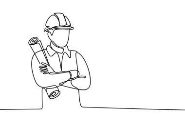 Minimalist bir çizim, kolları çaprazlanmış bir mühendis ya da mimarın katlanır planlarını gösteriyor. Bu figür, inşaat veya mühendislikte bir rol oynadığını gösteren sert bir şapka takıyor. Çizim aralıksız olarak uygulanır.