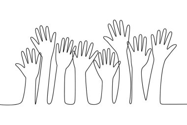 Birden fazla kaldırılmış elin yukarı uzandığını gösteren minimalist bir sanat çizgisi çizimi. Çizim, bir katılım, birlik veya kolektif eylem duygusunu ileten, beyaz arkaplan üzerinde sürekli tek bir siyah çizgi ile oluşturulmuştur..
