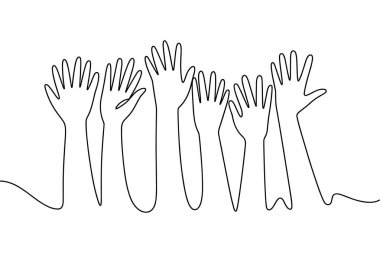 Birden fazla kaldırılmış elin yukarı uzandığını gösteren minimalist bir sanat çizgisi çizimi. Çizim, bir katılım, birlik veya kolektif eylem duygusunu ileten, beyaz arkaplan üzerinde sürekli tek bir siyah çizgi ile oluşturulmuştur..