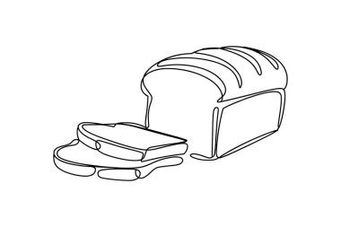Minimalist sürekli bir çizgi üzerinde iki dilim kesilmiş bir somun ekmek tasvir eder. Beyaz arka plandaki basit siyah çizgi sanatı yiyecek, pişirme veya sağlıklı beslenmeyle ilgili kavramlar için uygun olan besin öğesini açıkça göstermektedir..