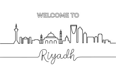 Bu resim, Riyad ufuk çizgisinin çağdaş mimarisini ve önemli simgelerini vurgulayan minimalist tek çizgi çizimini içerir. Devamlı sanat eserlerinde gökdelenler, kubbesi ve minaresi olan bir cami ve balo da dahil olmak üzere çeşitli binalar yer alıyor.