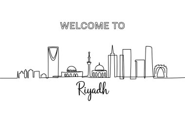 Minimalist tek bir çizgi, Suudi Arabistan 'ın Riyad kentinin belirgin siluetini gözler önüne seriyor. Gökdelenler ve kubbe ve minareli bir cami de dahil olmak üzere önde gelen binalar sürekli olarak hizaya getiriliyor. 
