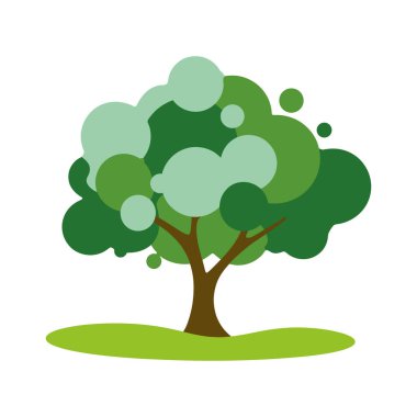 Kahverengi gövdesi ve dalları olan yeşil bir ağacın stilize edilmiş bir çizimi. Yapraklar, yeşilin çeşitli tonlarında üst üste binen dairelerin bir koleksiyonu olarak tasvir edilir ve soyut ve organik bir görünüm yaratır. Ağaç sade yeşil bir zemin üzerinde duruyor. 