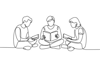 Minimalist bir çizim, her biri elinde kitap tutan ve okuyan üç kişiyi gösteriyor. Devamlı çizgi stili akışkan ve birbirine bağlı bir his yaratır, bu da ortak bir aktivite ya da tartışma olduğunu gösterir. Odaklanmamız gereken şey...