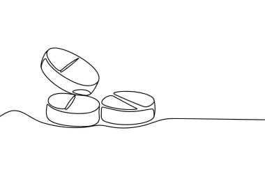 Bu resim, her birinin merkezinde görünür bir skor çizgisi bulunan üç yuvarlak hapın minimalist çizimlerini içeriyor. Haplar bir küme halinde dizilmiş, biri diğerinden biraz daha yüksek. Beyaz bir b 'deki temiz, sürekli siyah çizgi sanatı.