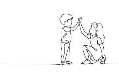 Bu aralıksız çizim iki çocuğu gösteriyor, bir oğlan ve bir kız, birbirlerine beşlik çakıyorlar. Bir çocuk ayakta ve diğeri çömelmiş. Tüm görüntü, beyaz arkaplandaki tek ve kesintisiz siyah bir çizgi tarafından oluşturulmuştur. 