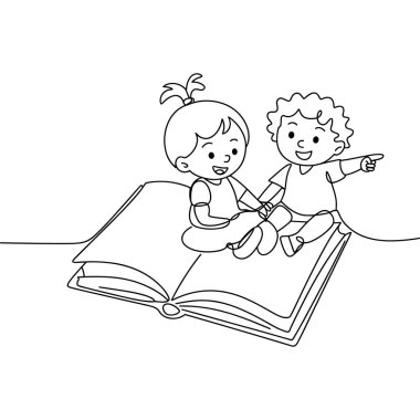 Çekici bir sanat çizgisi iki mutlu çocuğun açık bir kitabın üzerinde oturduğunu gösteriyor. Bir çocuk ileriye bakıyor, sanki bir maceraya atılmak ya da bir keşfi paylaşmak gibi. Çizim tek bir akış çizgisi ile gerçekleştiriliyor.