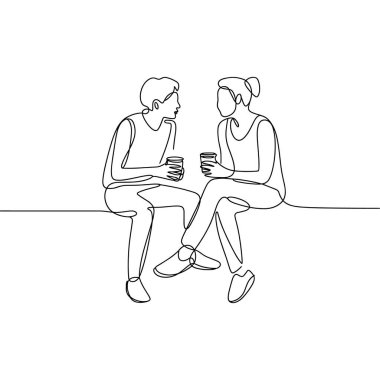 Bu tek çizgi iki kişinin oturduğunu ve birbirleriyle sohbet ettiklerini gösteriyor, her biri bir bardak tutuyor. Sanat eserleri beyaz zemin üzerinde sürekli siyah bir çizgi kullanır, paylaşılan bir anın temiz ve minimalist bir temsilini yaratır..