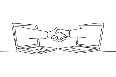 Bu dizüstü bilgisayarların ekranlarından çıkan ve birbirini sallayan iki eli gösteren aralıksız bir sanat çizgisi. Görüntü bir iş anlaşmasını, ortaklığı ya da başarılı bir çevrimiçi işlemi simgeliyor. Minimalist stil jestlere odaklanır. 