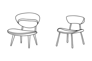 Modern sandalyelerin iki minimalist çizgisi beyaz arka planda sunulmaktadır. Soldaki sandalyenin dört ince bacakla desteklenen yuvarlak, kepçeli bir koltuğu ve arkası var. Sağdaki sandalye de hafif bir yuvarlak koltuk ve sırta sahiptir.